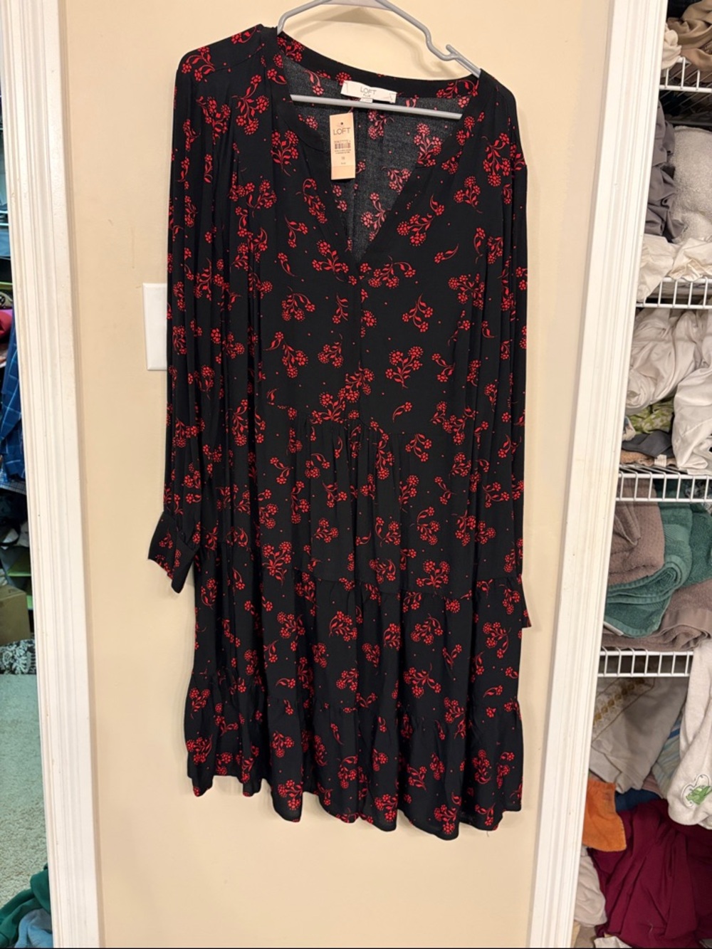 LOFT Black Dress with Red Floral Print Long Sleeve